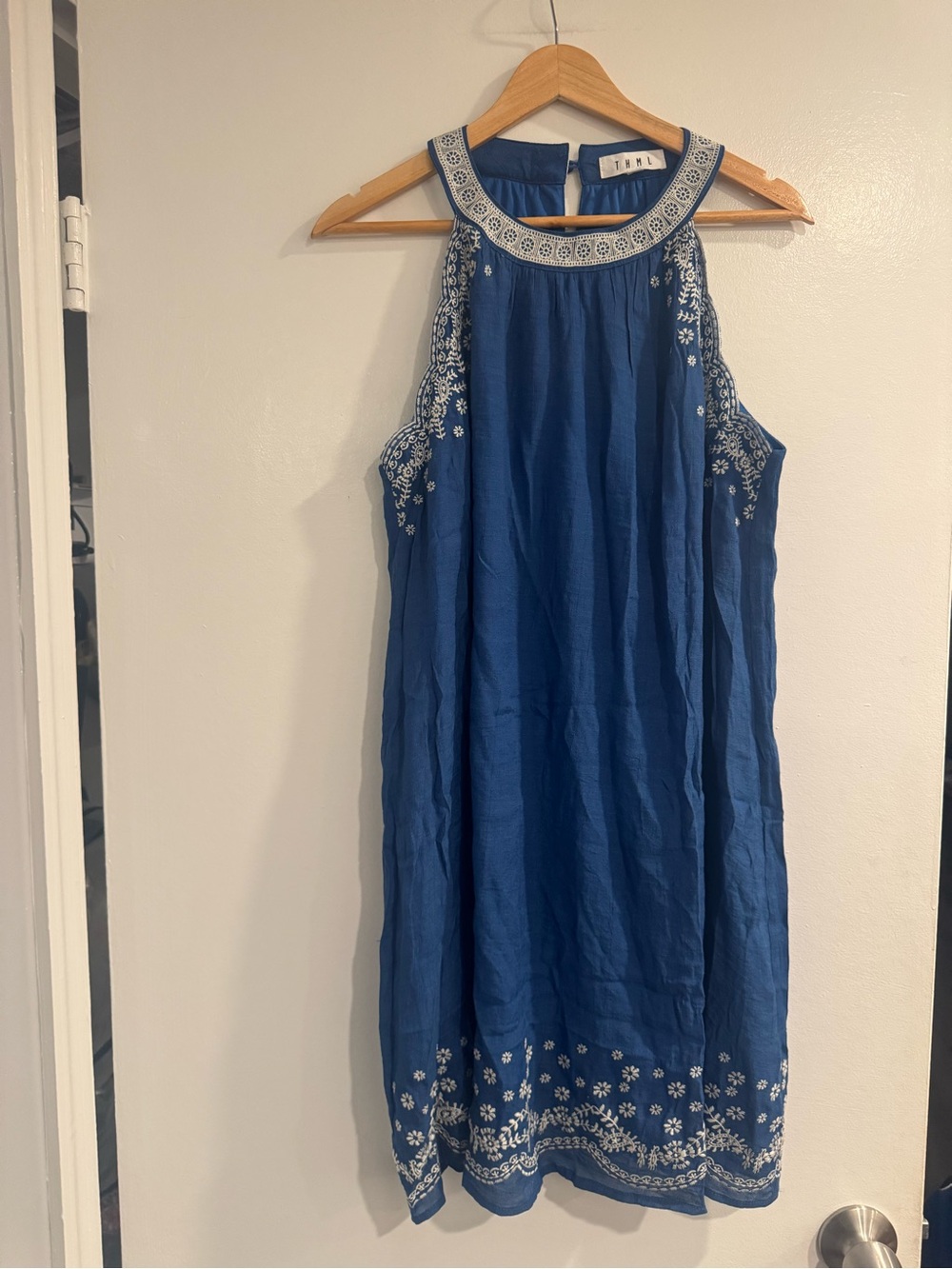 THML Blue Embroidered Mini Dress with White Trim Women’s Large Boho Coastal